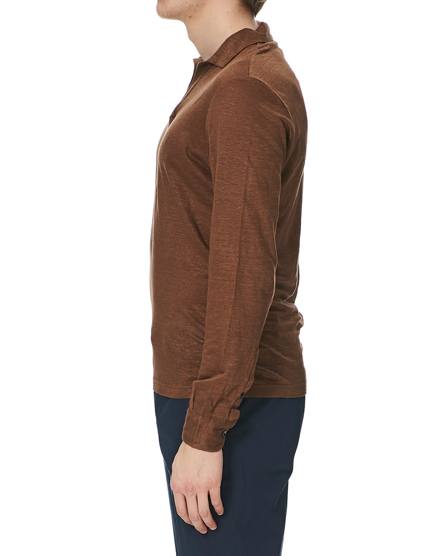 Men | Sweaters & Knitwear | Gran Sasso | Washed Linen Long Sleeve Polo Gold Brown