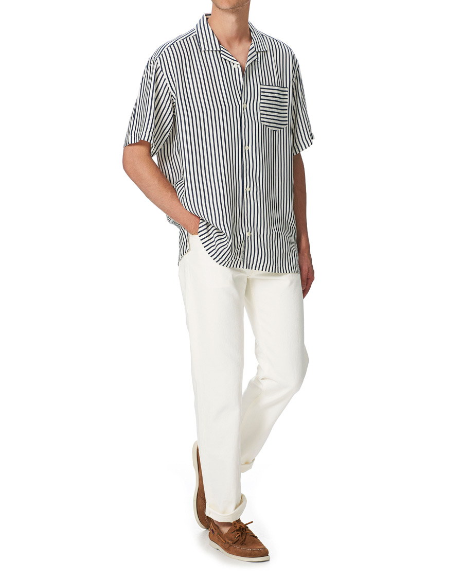 Men | Shirts | Gant | Rel Stripe Camp Collar Short Sleeve Shirt White/Blue