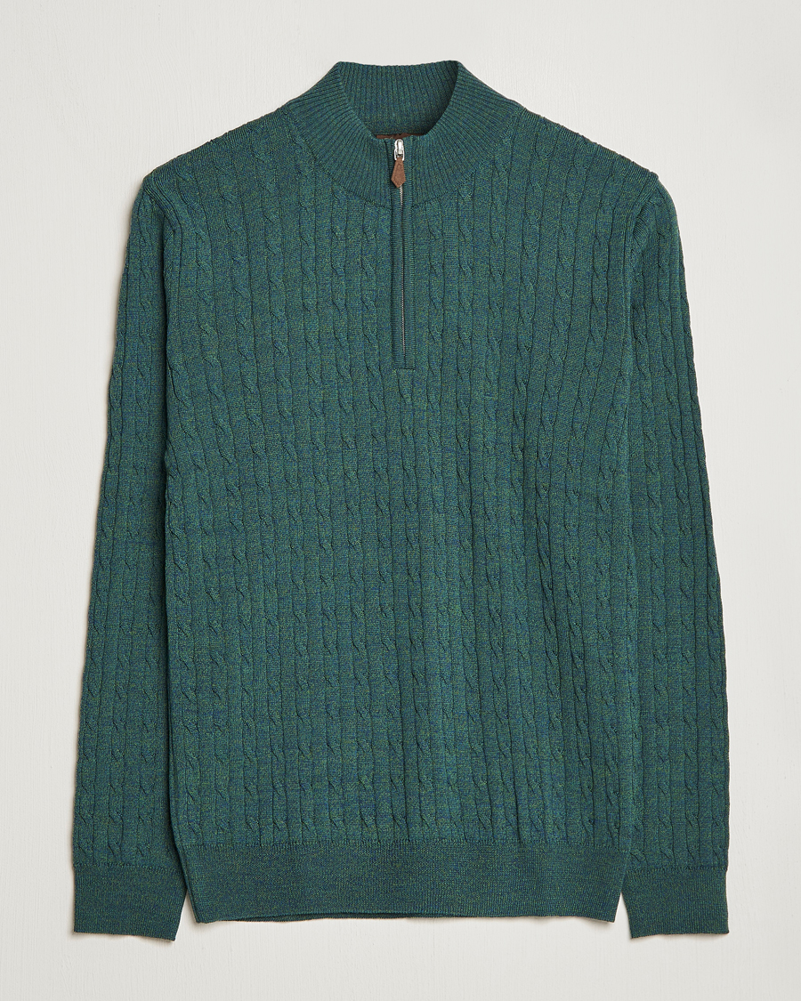 Men | Sweaters & Knitwear | Stenströms | Merino Wool Cable Half Zip Green Mouliné