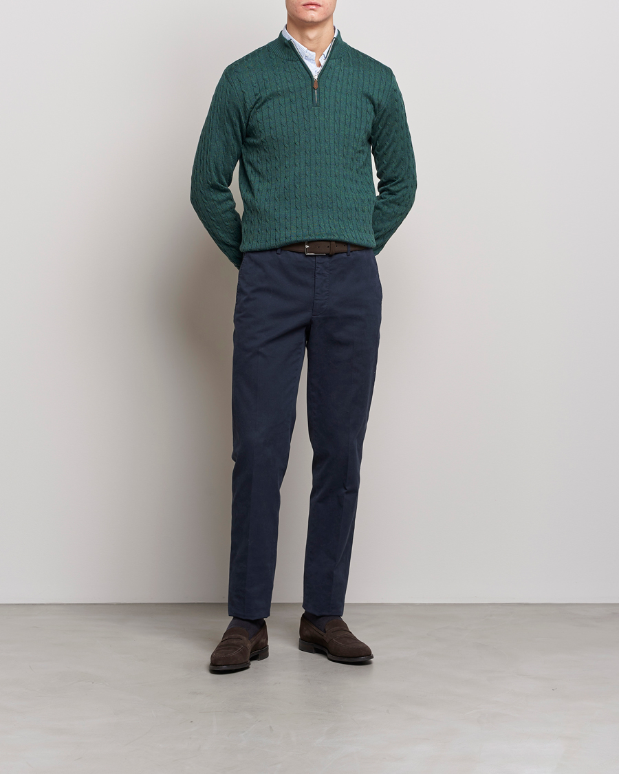 Men | Sweaters & Knitwear | Stenströms | Merino Wool Cable Half Zip Green Mouliné