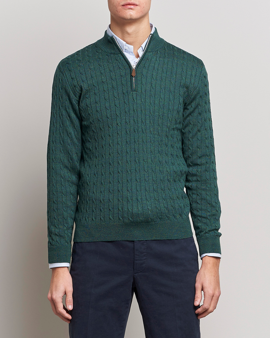 Men | Sweaters & Knitwear | Stenströms | Merino Wool Cable Half Zip Green Mouliné