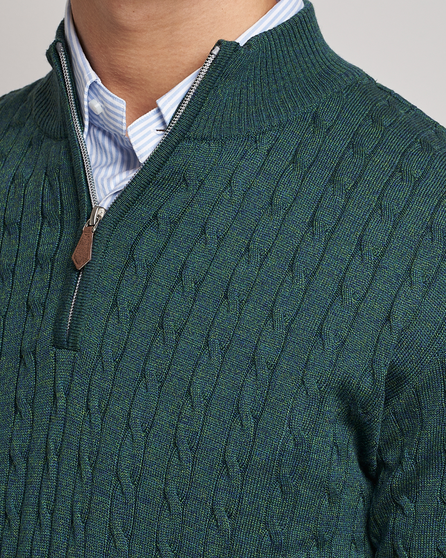 Men | Sweaters & Knitwear | Stenströms | Merino Wool Cable Half Zip Green Mouliné