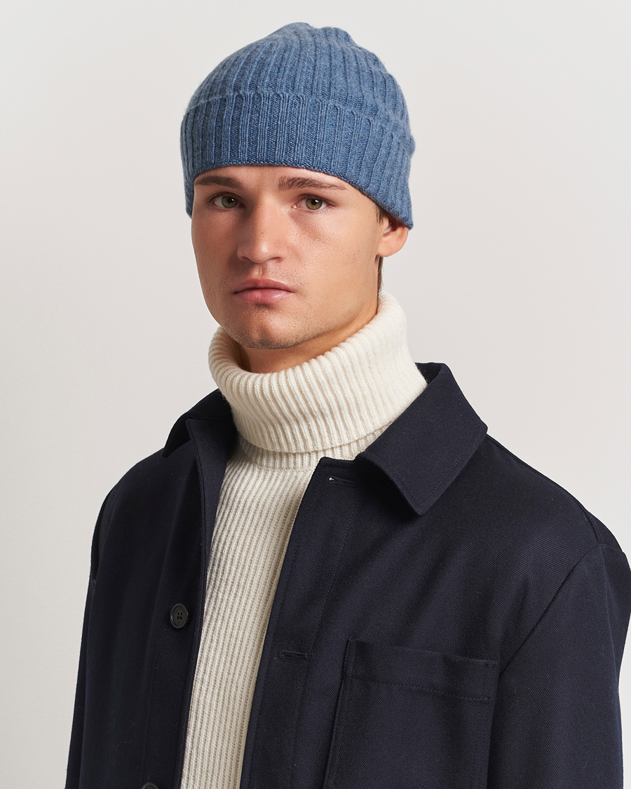 Men | Amanda Christensen Rib Knitted Cashmere Cap Blue Melange | Amanda Christensen | Rib Knitted Cashmere Cap Blue Melange