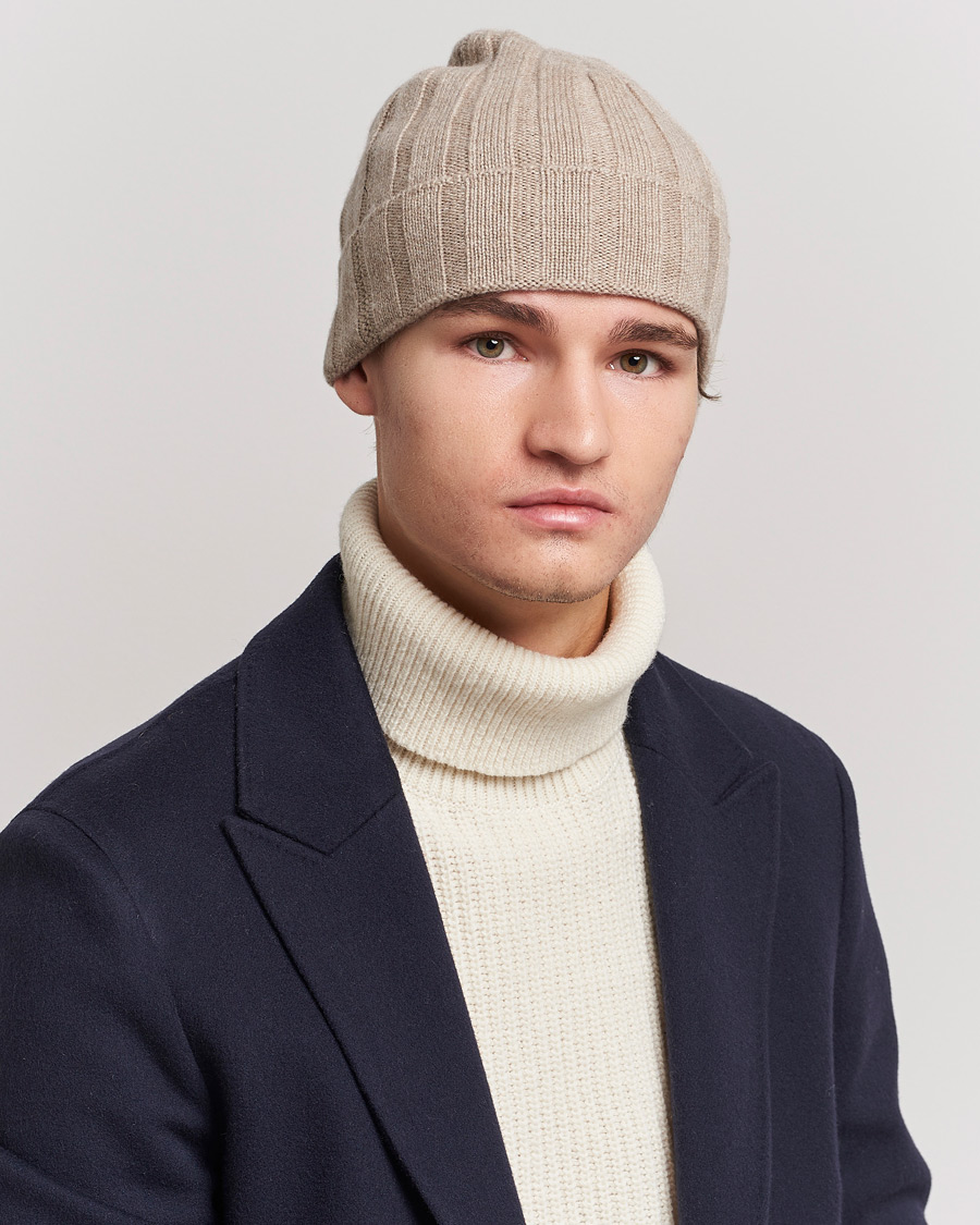 Men | Warming accessories | Amanda Christensen | Block Rib Knitted Cashmere Cap Beige Melange
