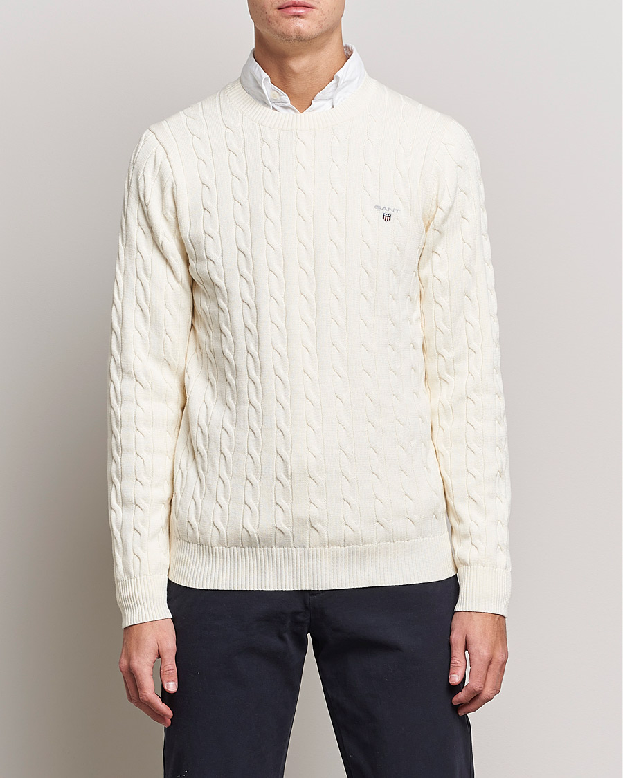 Men | Sweaters & Knitwear | GANT | Cotton Cable Crew Neck Pullover Cream