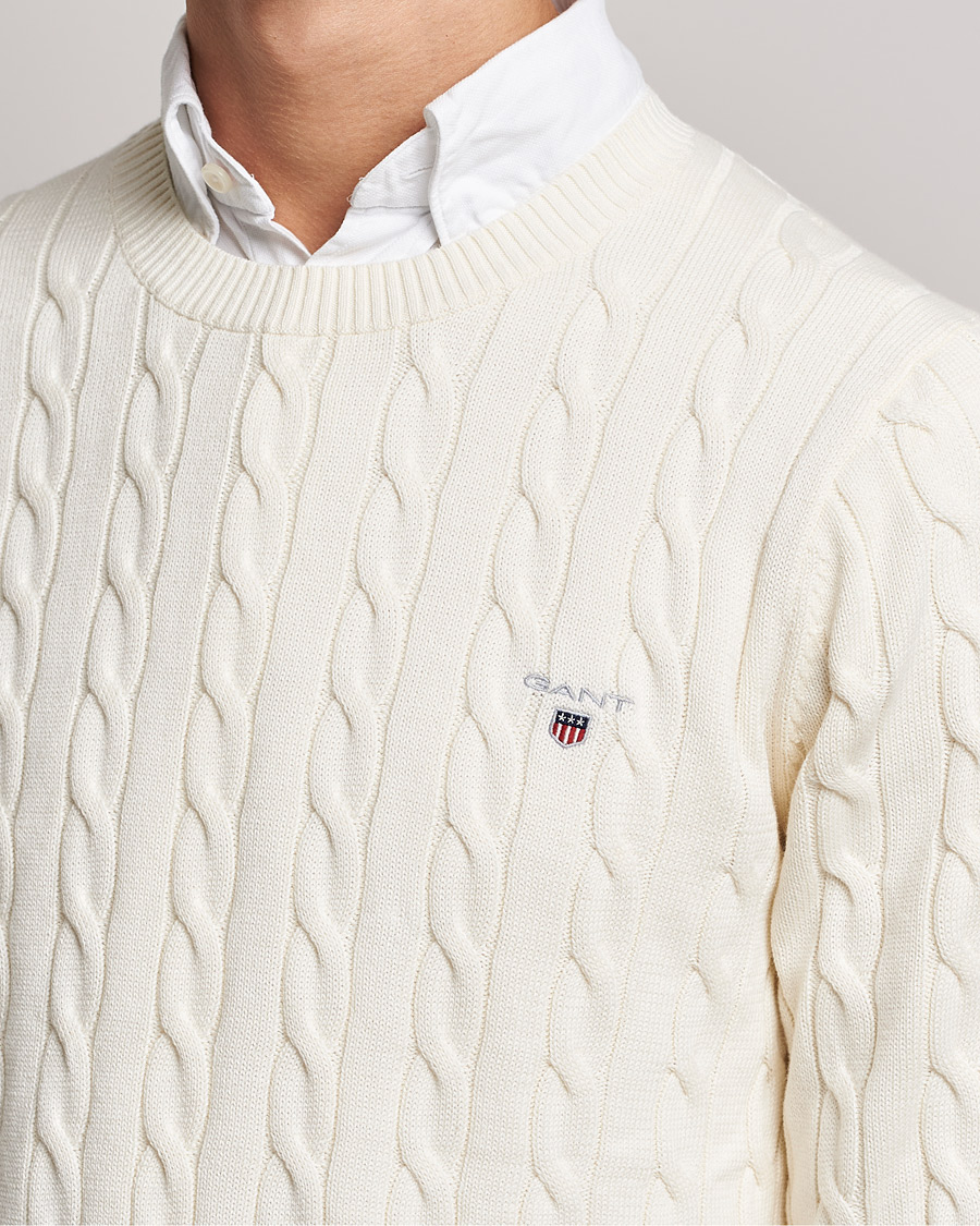 Men | Sweaters & Knitwear | GANT | Cotton Cable Crew Neck Pullover Cream