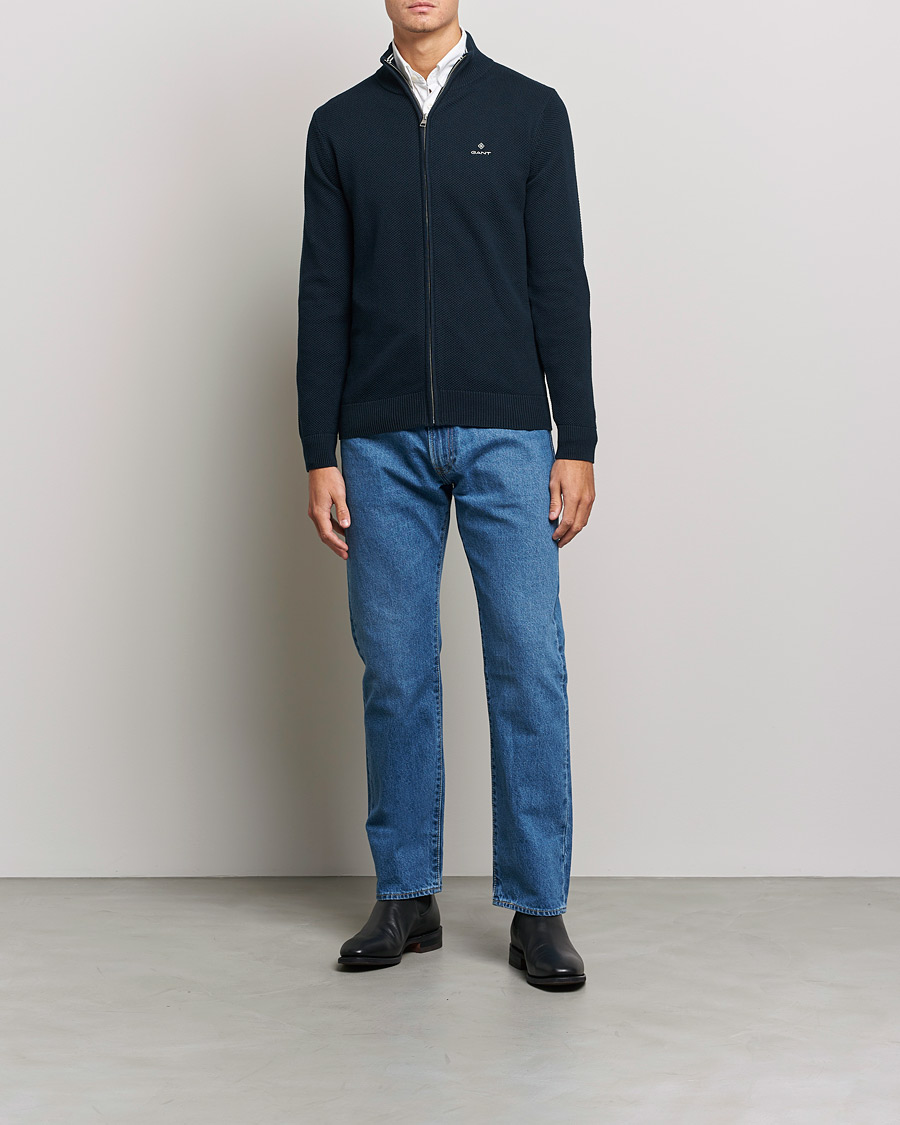 Men | Sweaters & Knitwear | GANT | Cotton Pique Full Zip Evening Blue
