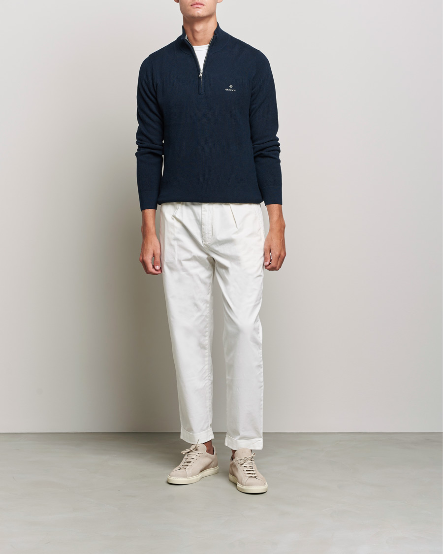 Men | Sweaters & Knitwear | GANT | Cotton Pique Half-Zip Sweater Evening Blue