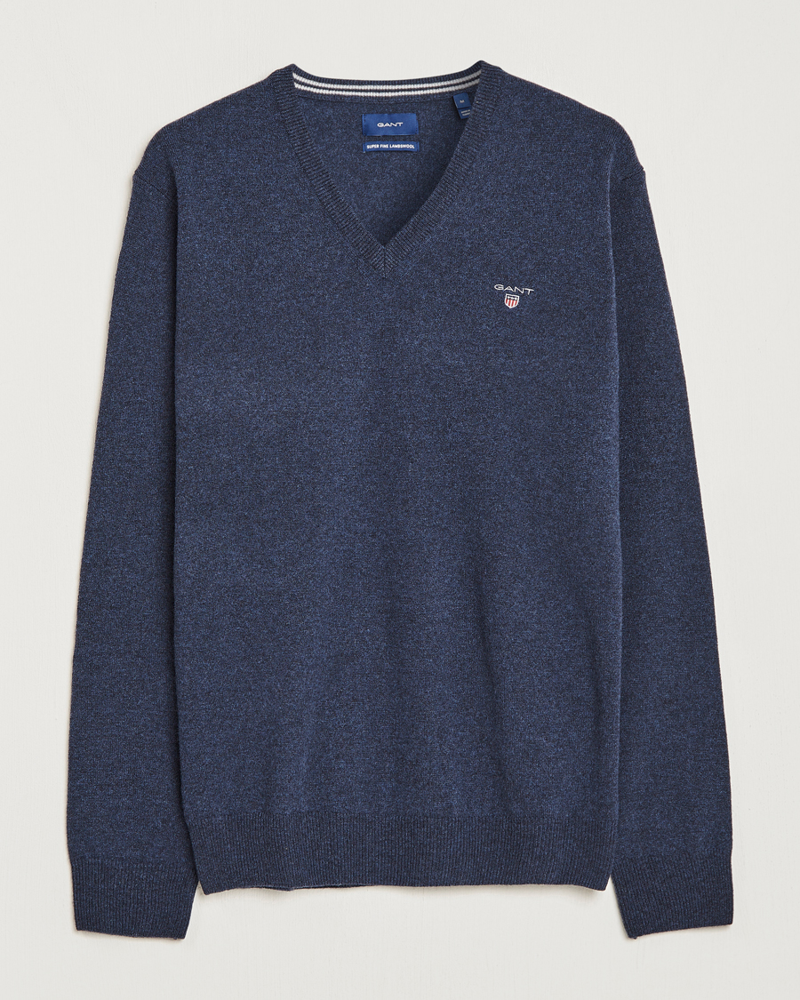 Men | Sweaters & Knitwear | GANT | Lambswool V-Neck Pullover Dark Navy Melange
