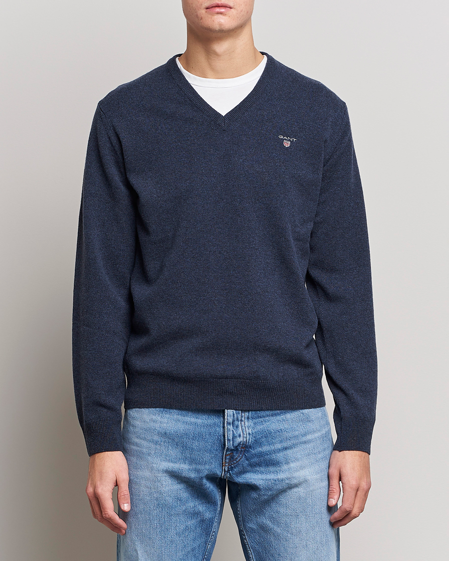 Men | Sweaters & Knitwear | GANT | Lambswool V-Neck Pullover Dark Navy Melange
