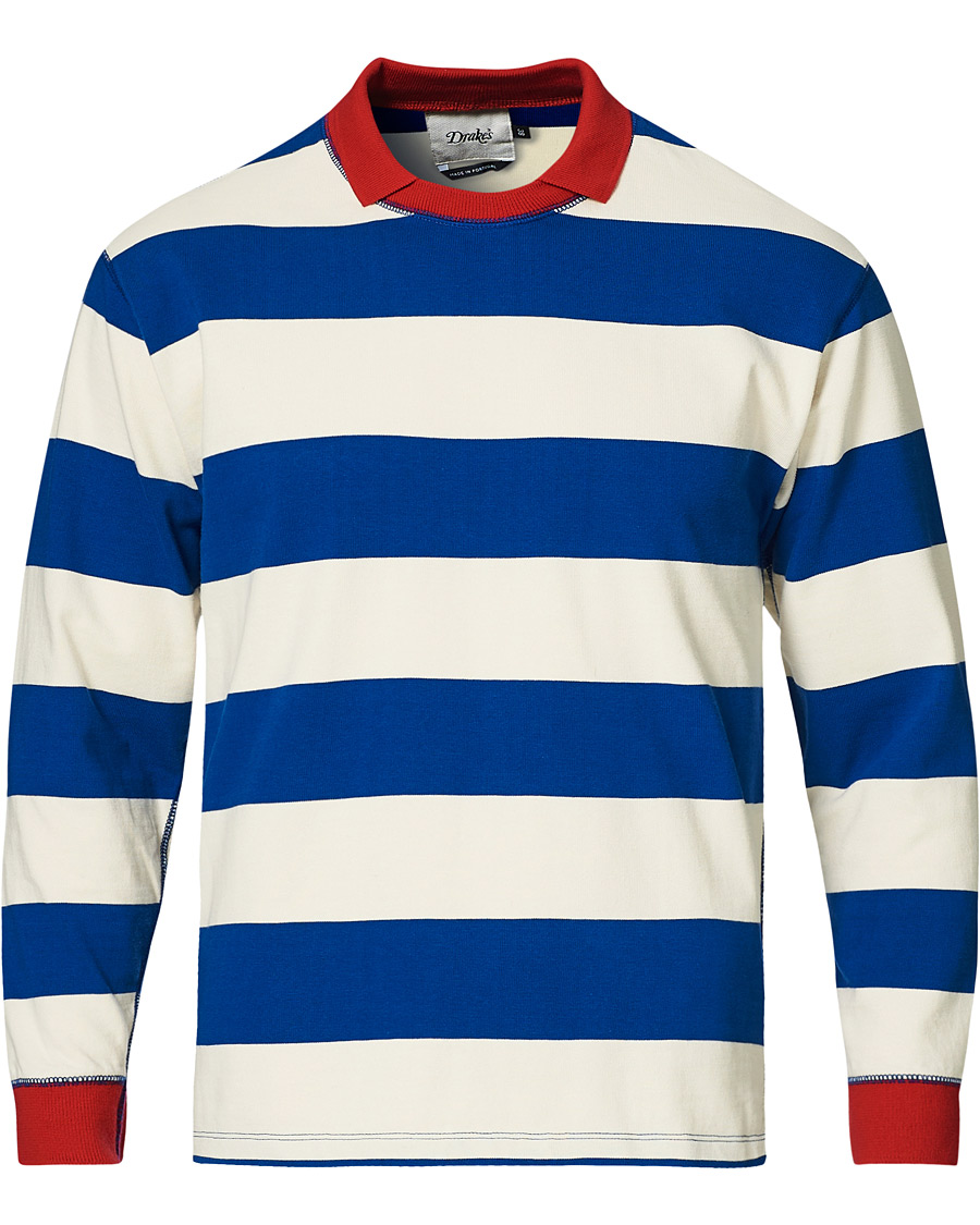 Men | T-Shirts | Drake's | Mock Collar Long Sleeve Tee Blue/White