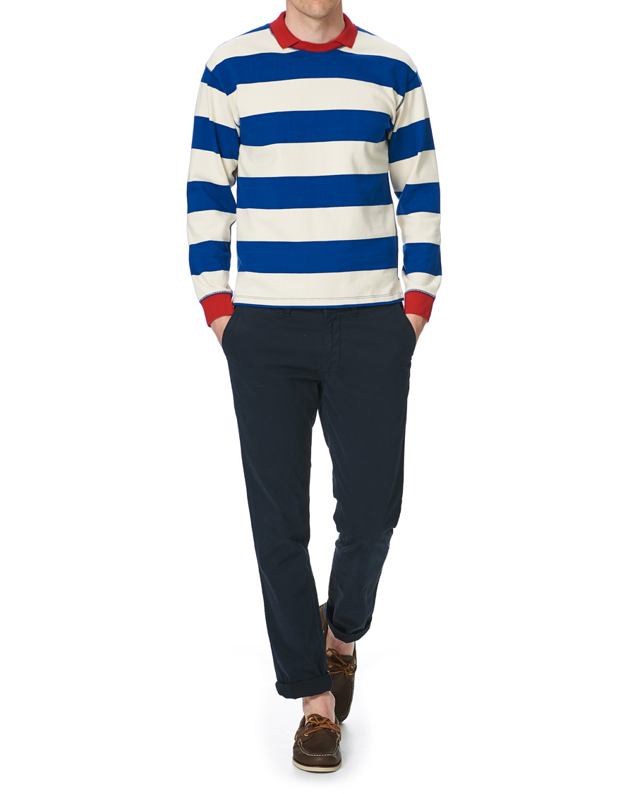 Men | T-Shirts | Drake's | Mock Collar Long Sleeve Tee Blue/White