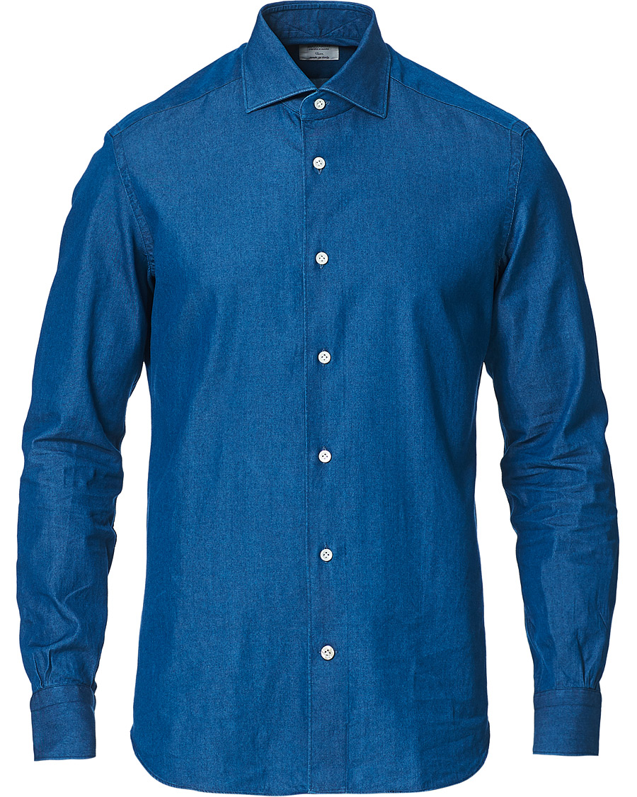 Men | Shirts | Mazzarelli | Cut Away Down Denim Shirt Dark Indigo