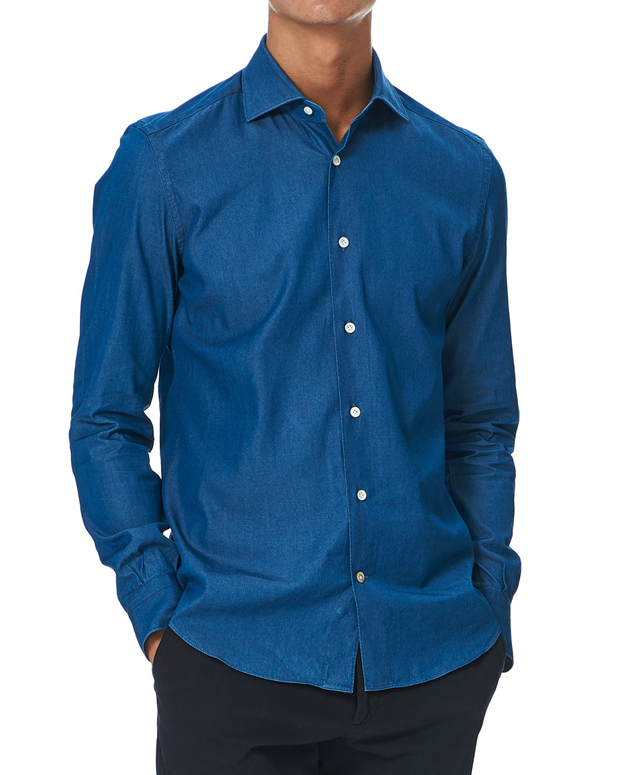 Men | Shirts | Mazzarelli | Cut Away Down Denim Shirt Dark Indigo