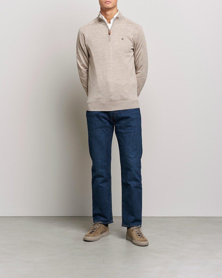 Men | Sweaters & Knitwear | Morris | John Merino Half Zip Khaki Melange