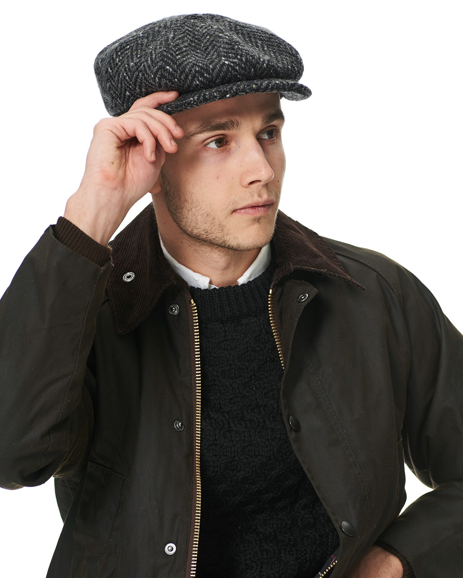 Men | Flat Caps | Lock & Co Hatters | Tremelo Herringbone Wool Cap Black Grey