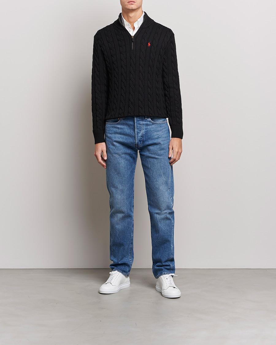 Men | Sweaters & Knitwear | Polo Ralph Lauren | Cotton Cable Half Zip Sweater Black