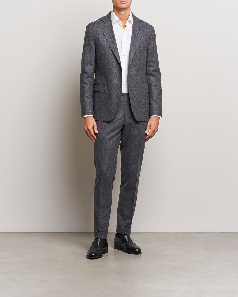 Men | Trousers | Oscar Jacobson | Denz Turn Up Flannel Trousers Grey Melange