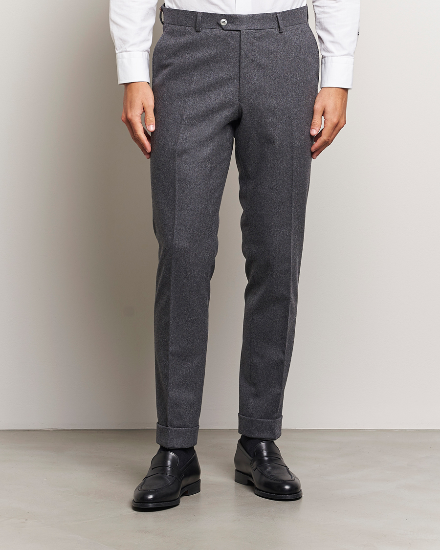 Men | Trousers | Oscar Jacobson | Denz Turn Up Flannel Trousers Grey Melange