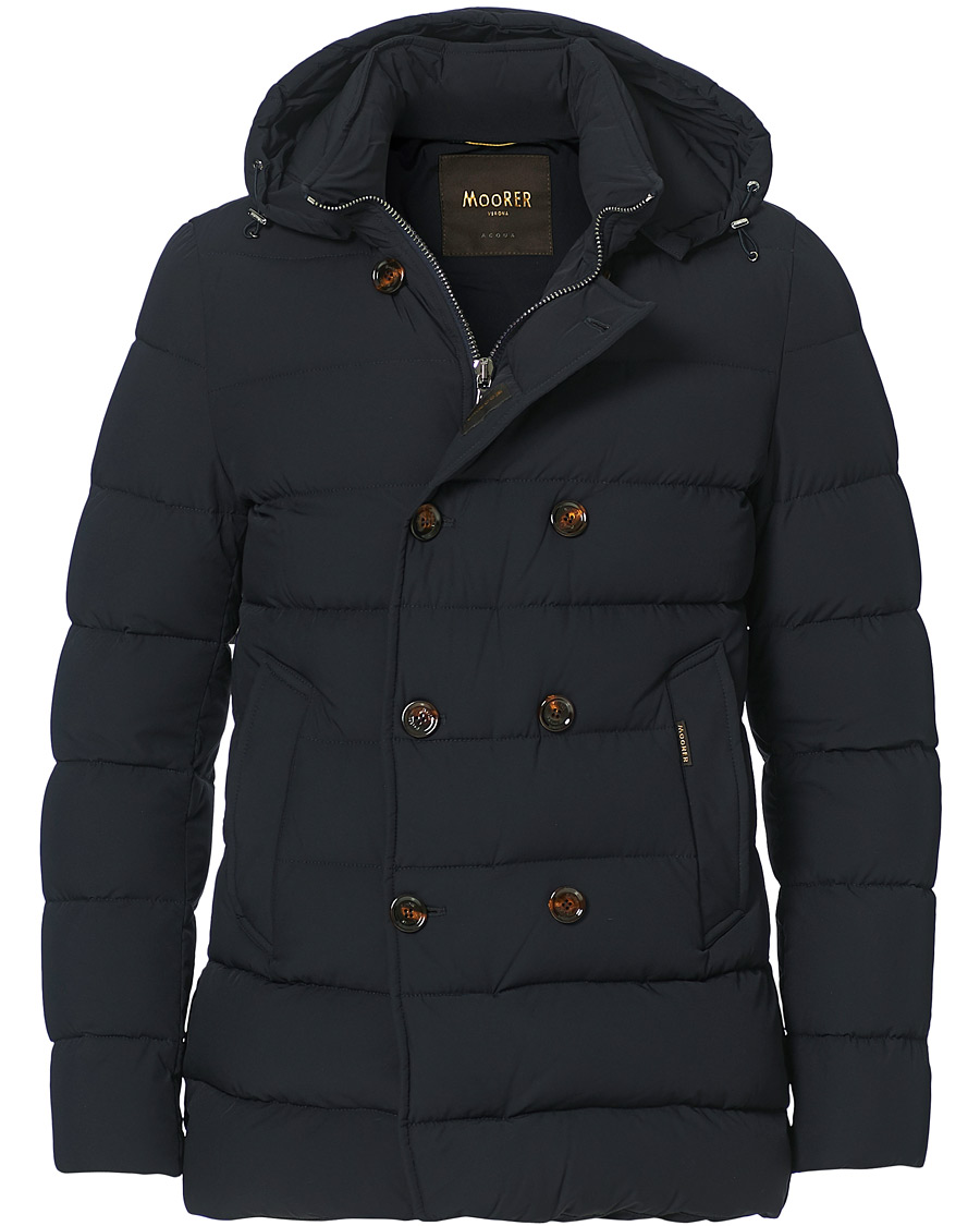 Men | Coats & Jackets | MooRER | Double Breasted Stretch Nylon Hood Coat Navy