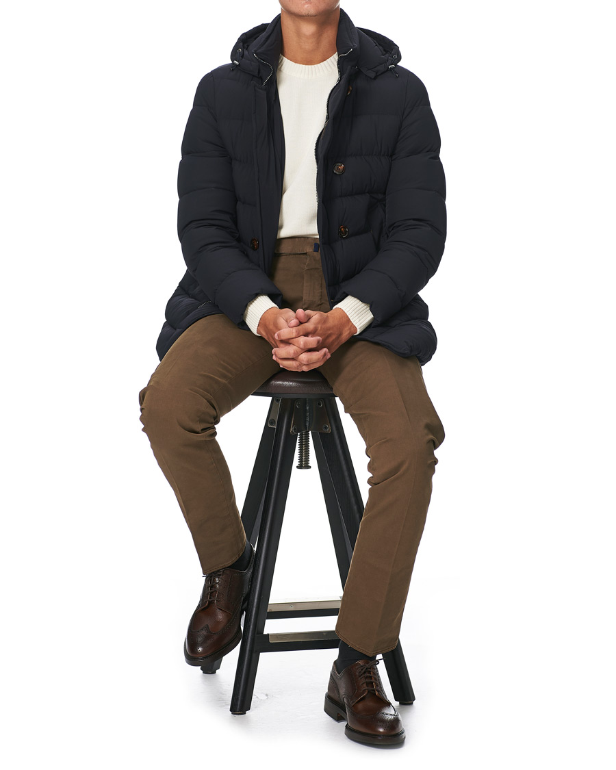 Men | Coats & Jackets | MooRER | Double Breasted Stretch Nylon Hood Coat Navy