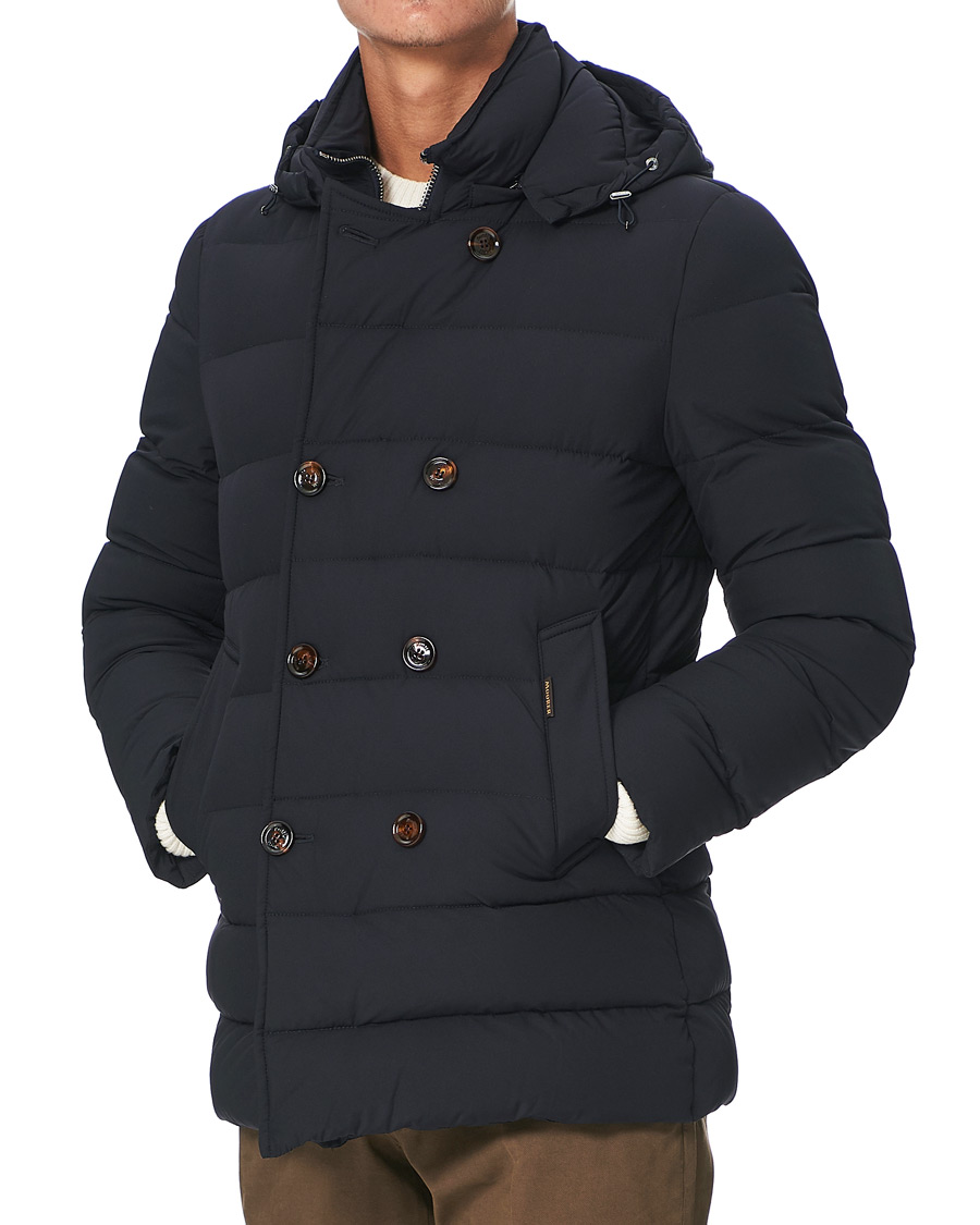 Men | Coats & Jackets | MooRER | Double Breasted Stretch Nylon Hood Coat Navy