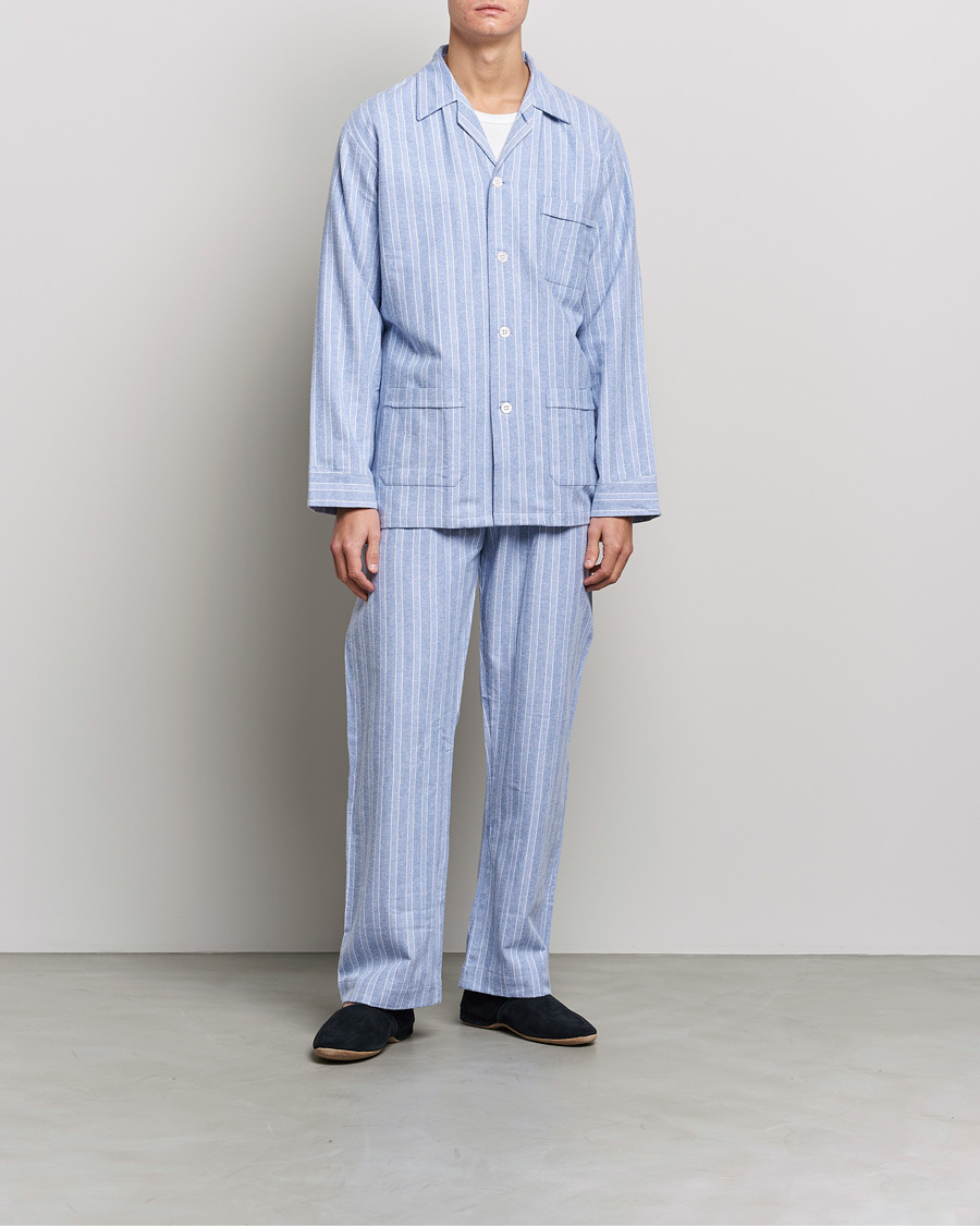 Men | Loungewear | Derek Rose | Brushed Cotton Flannel Striped Pyjama Set Blue