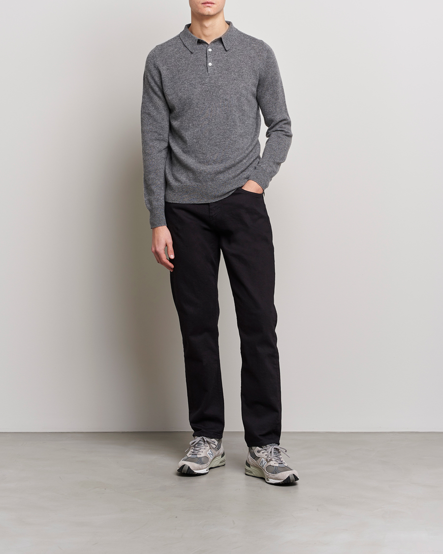 Men | Sweaters & Knitwear | People's Republic of Cashmere | Cashmere Long Sleeve Polo Heather Grey
