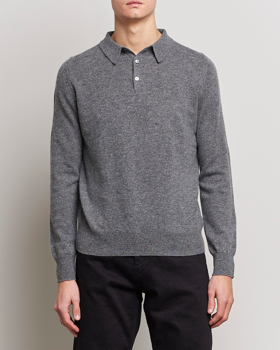 Men | Knitted Polo Shirts | People's Republic of Cashmere | Cashmere Long Sleeve Polo Heather Grey