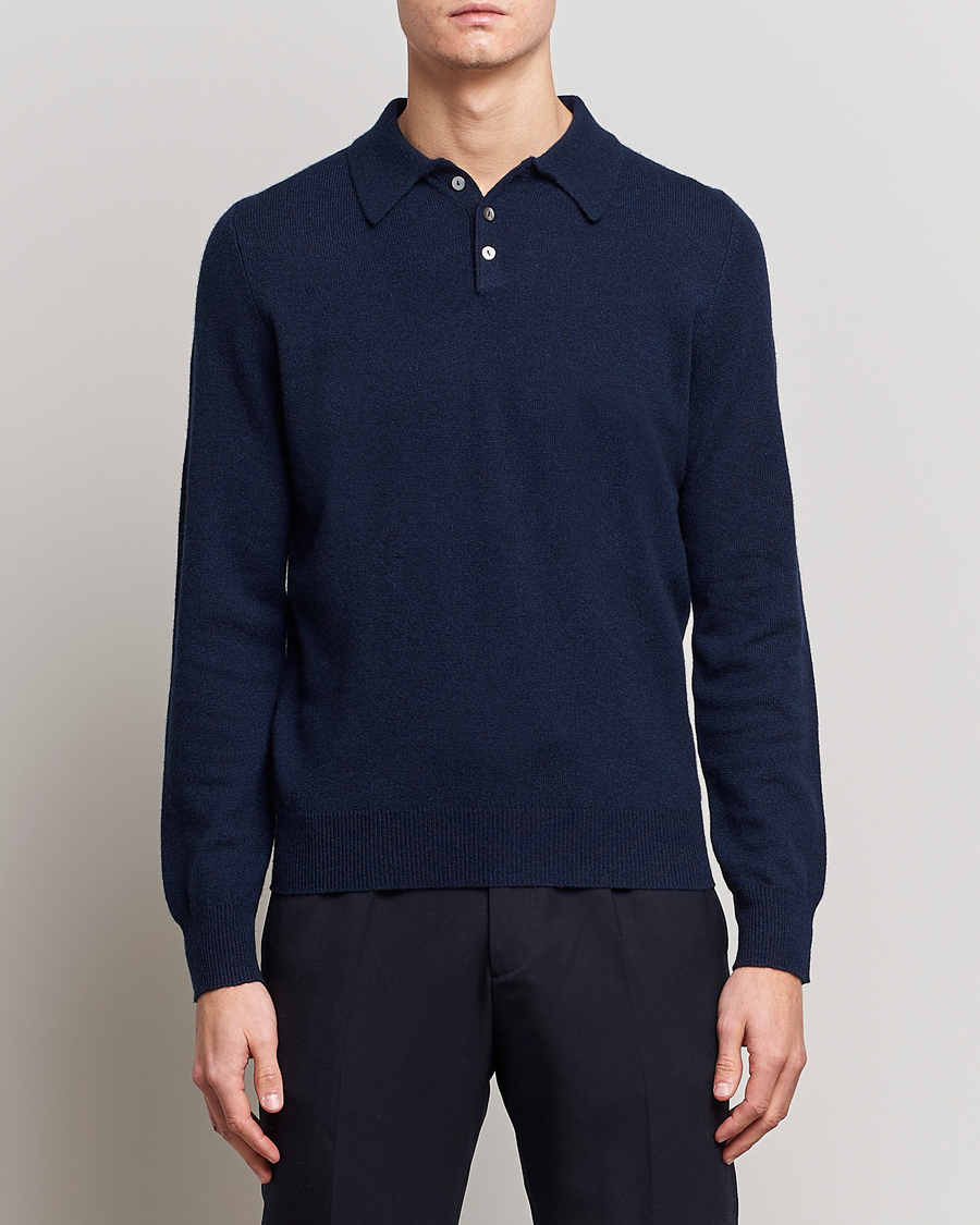Men | Knitted Polo Shirts | People's Republic of Cashmere | Cashmere Long Sleeve Polo Navy