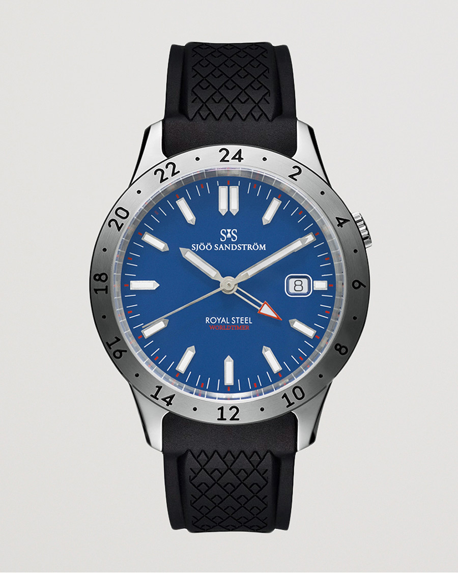Men | Sjöö Sandström Royal Steel Worldtimer 36mm Blue with Rubber | Sjöö Sandström | Royal Steel Worldtimer 36mm Blue with Rubber