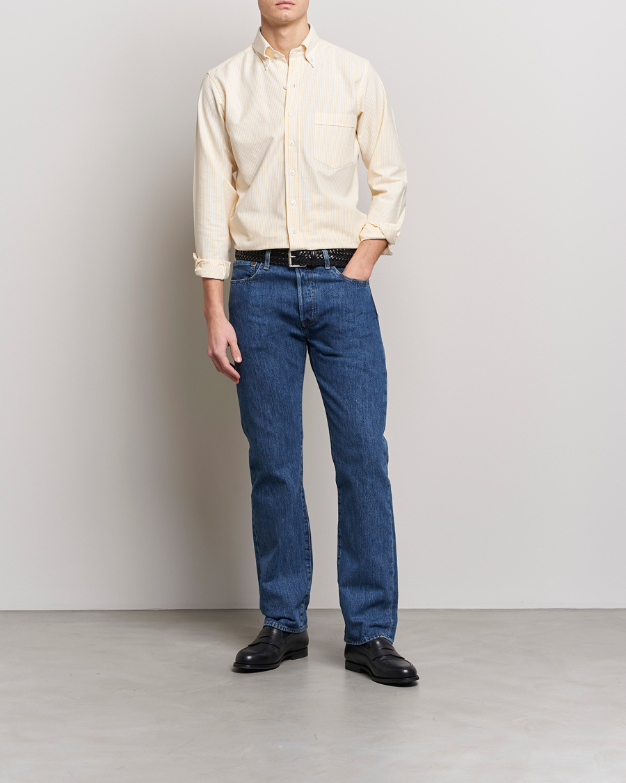 Men | Clothing | Drake's | Striped Button Down Oxford Shirt White/Yellow