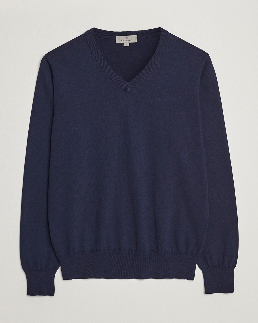 Men | Sweaters & Knitwear | Canali | Cotton V-Neck Pullover Navy