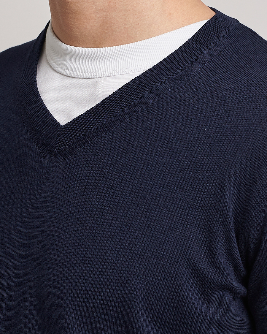 Men | Sweaters & Knitwear | Canali | Cotton V-Neck Pullover Navy