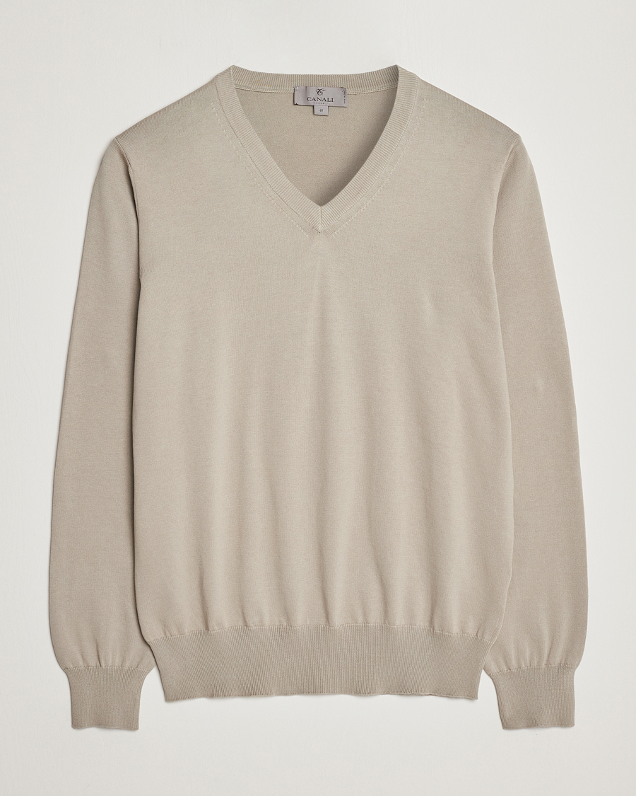 Men | Sweaters & Knitwear | Canali | Cotton V-Neck Pullover Sage