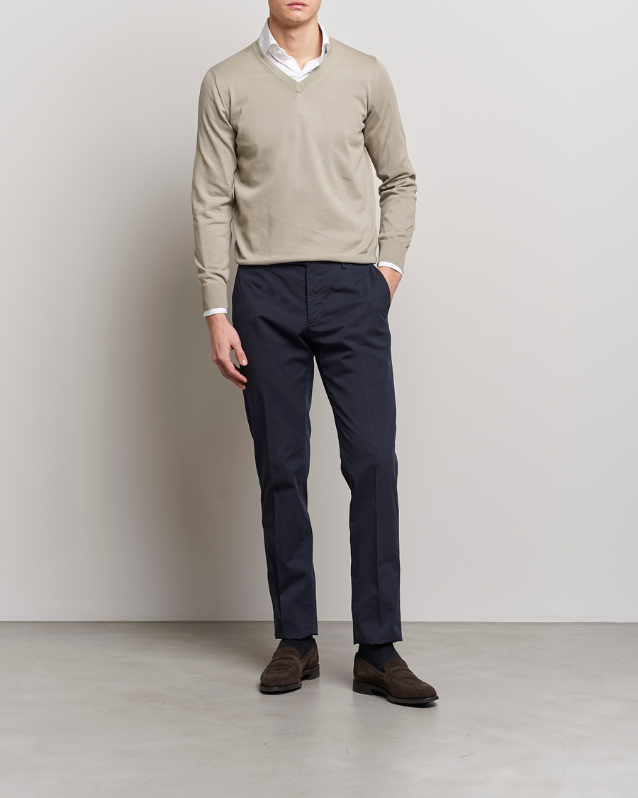 Men | Sweaters & Knitwear | Canali | Cotton V-Neck Pullover Sage