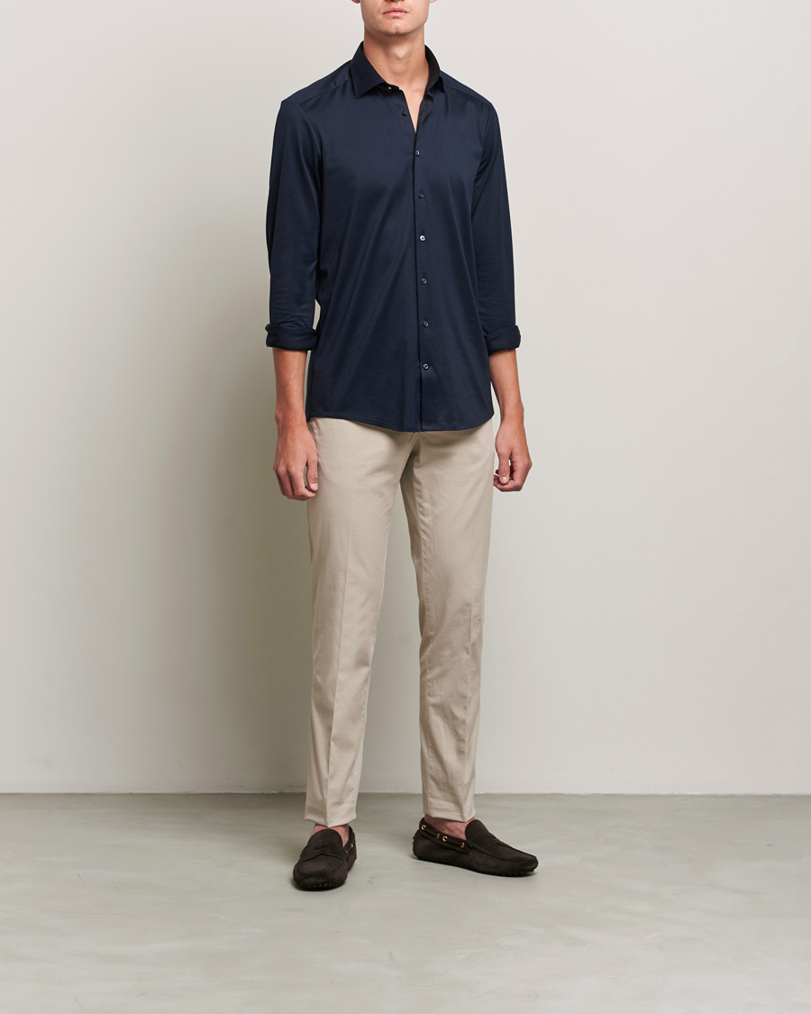 Men | Shirts | Stenströms | Slimline Jersey Button Down Shirt Navy