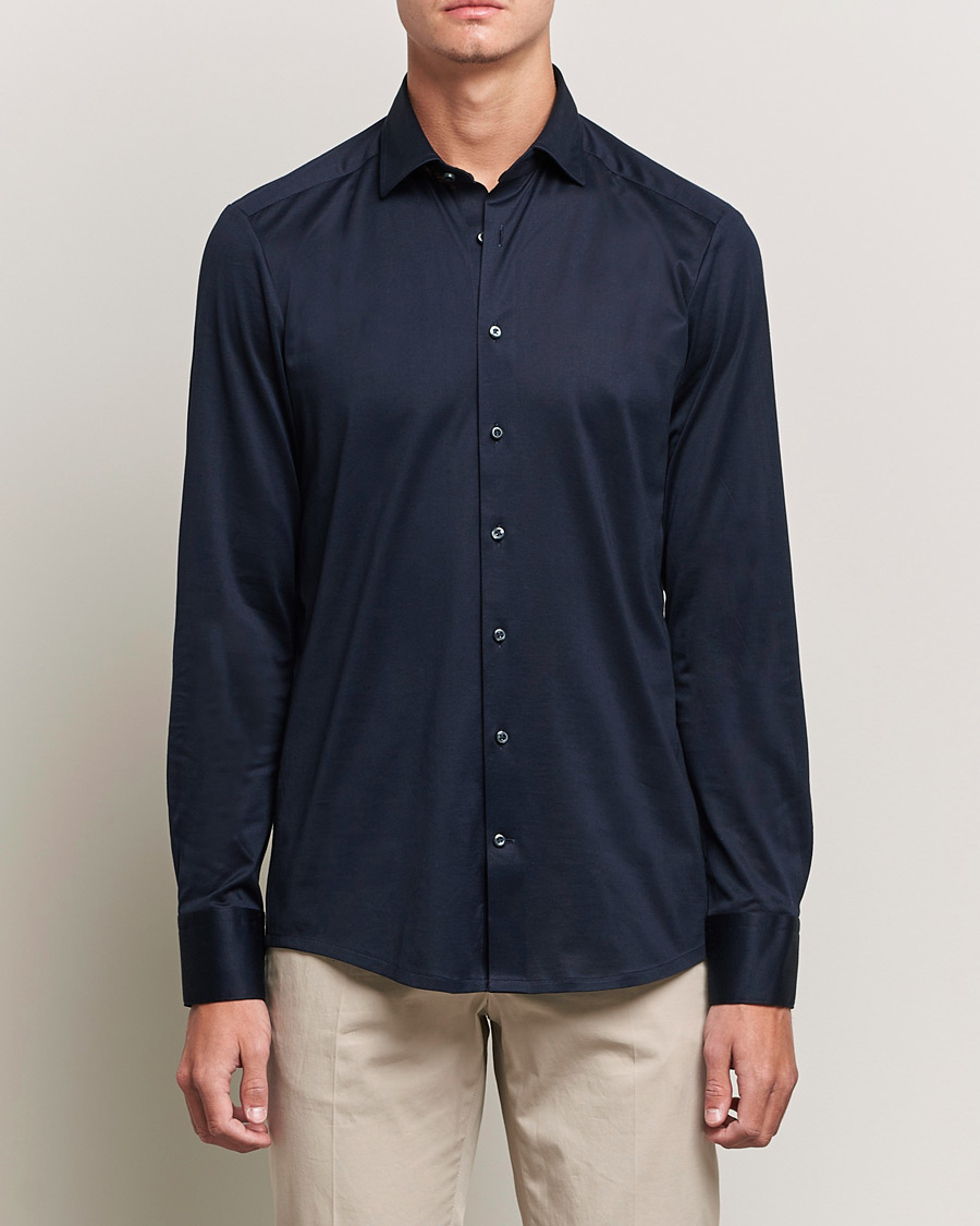 Men | Shirts | Stenströms | Slimline Jersey Button Down Shirt Navy
