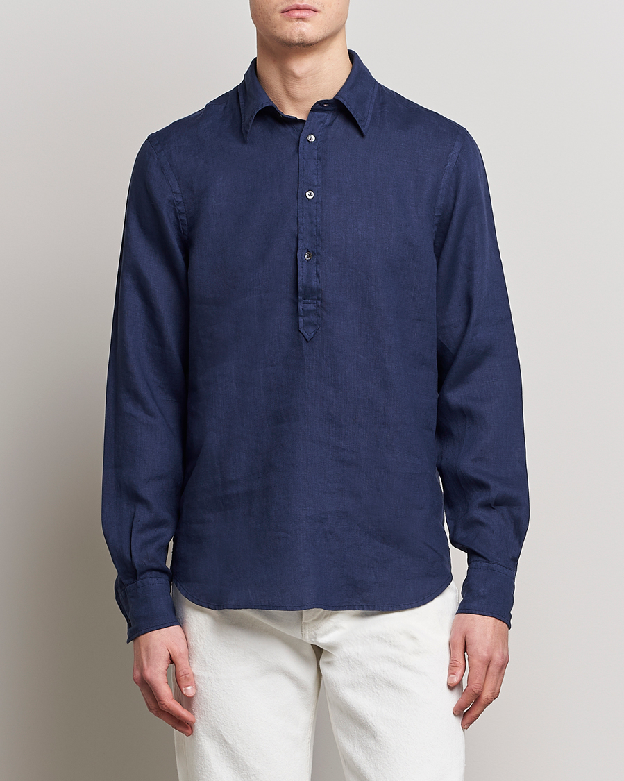 Men | Linen Shirts | Aspesi | Linen Popover Shirt Dark Blue