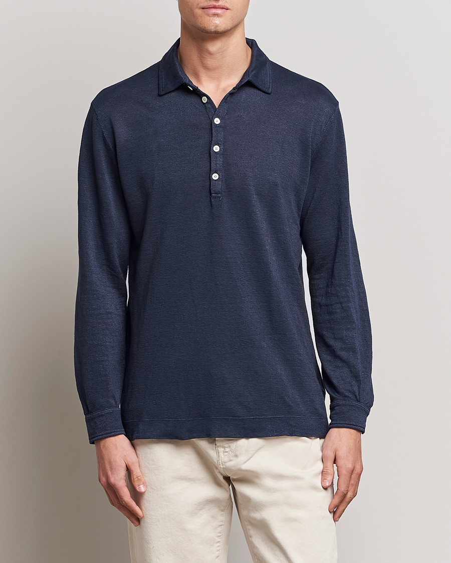 Men | Long Sleeve Polo Shirts | Massimo Alba | Raya Long Sleeve Linen Polo Navy