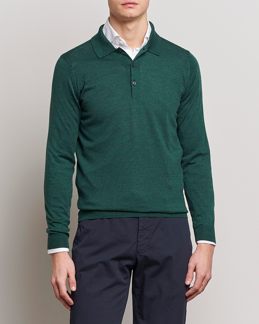 Men | Knitted Polo Shirts | John Smedley | Belper Wool/Cotton Polo Pullover Bottle Green