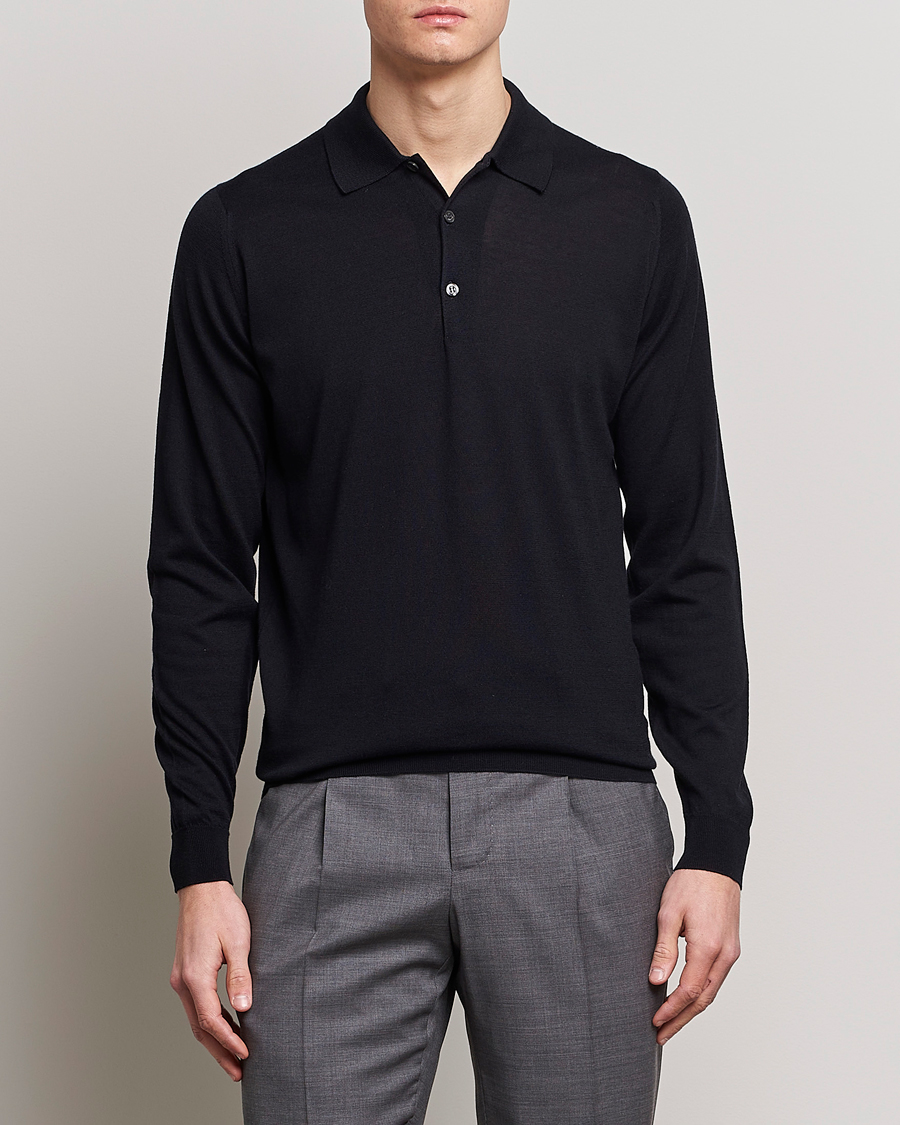 Men | Knitted Polo Shirts | John Smedley | Belper Wool/Cotton Polo Pullover Navy