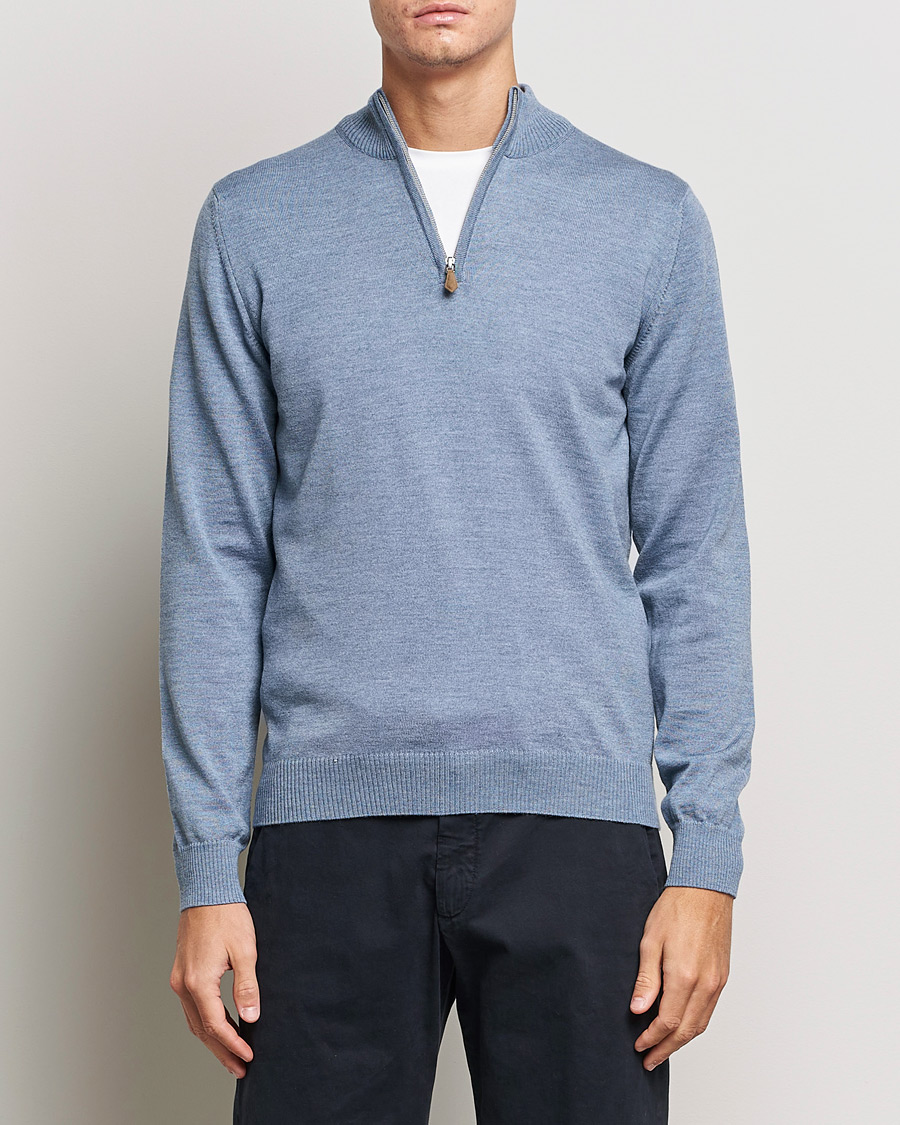 Men | Sweaters & Knitwear | Stenströms | Merino Half Zip Light Blue