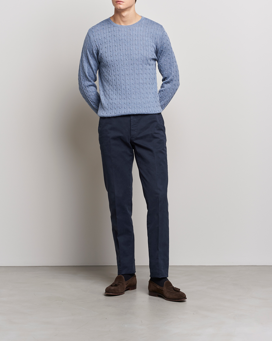 Men | Sweaters & Knitwear | Stenströms | Merino Cable Crew Neck Light Blue