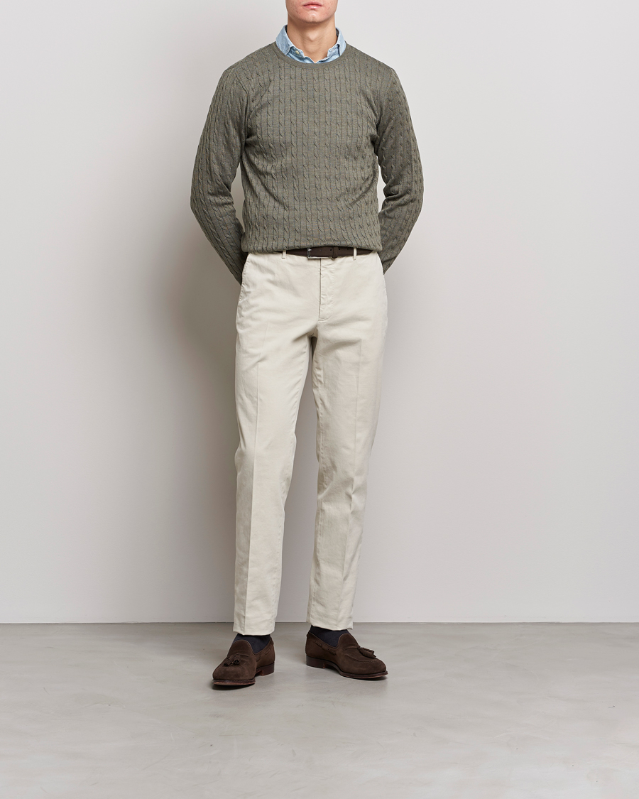 Men | Sweaters & Knitwear | Stenströms | Merino Cable Crew Neck Olive
