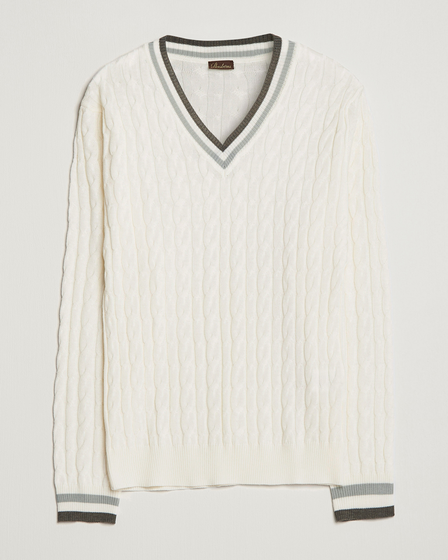 Men | Sweaters & Knitwear | Stenströms | Contrast Merino Cable V-Neck White