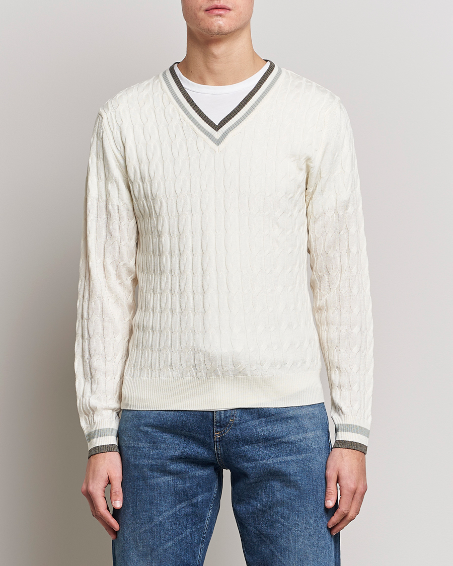 Men | Sweaters & Knitwear | Stenströms | Contrast Merino Cable V-Neck White