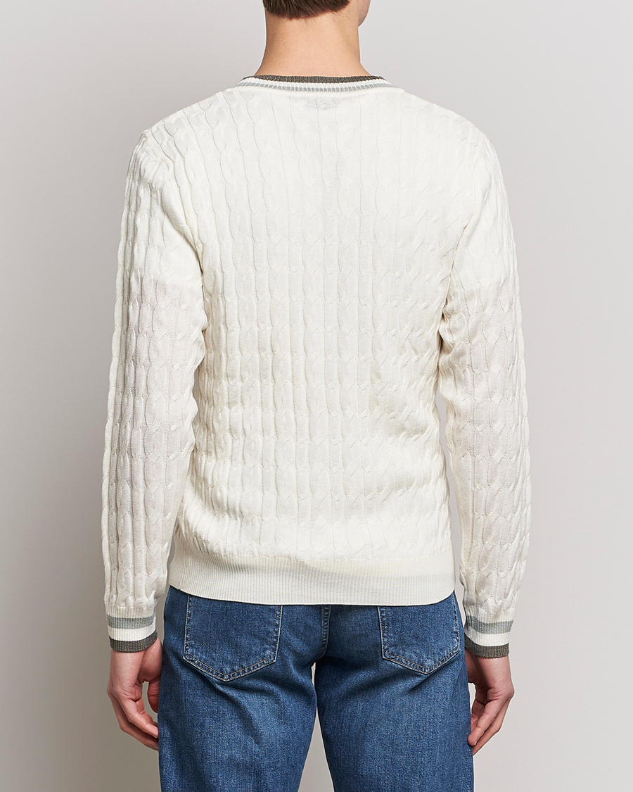 Men | Sweaters & Knitwear | Stenströms | Contrast Merino Cable V-Neck White