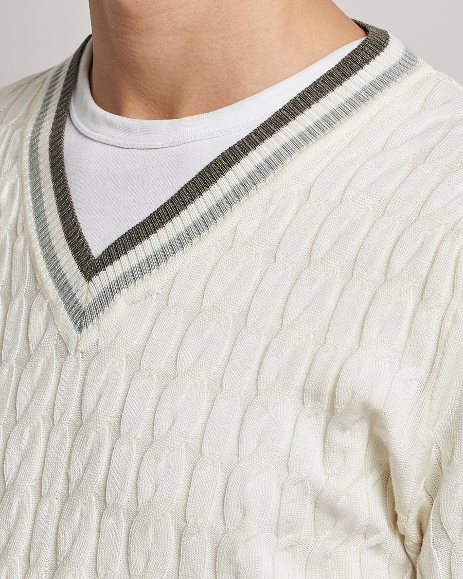 Men | Sweaters & Knitwear | Stenströms | Contrast Merino Cable V-Neck White