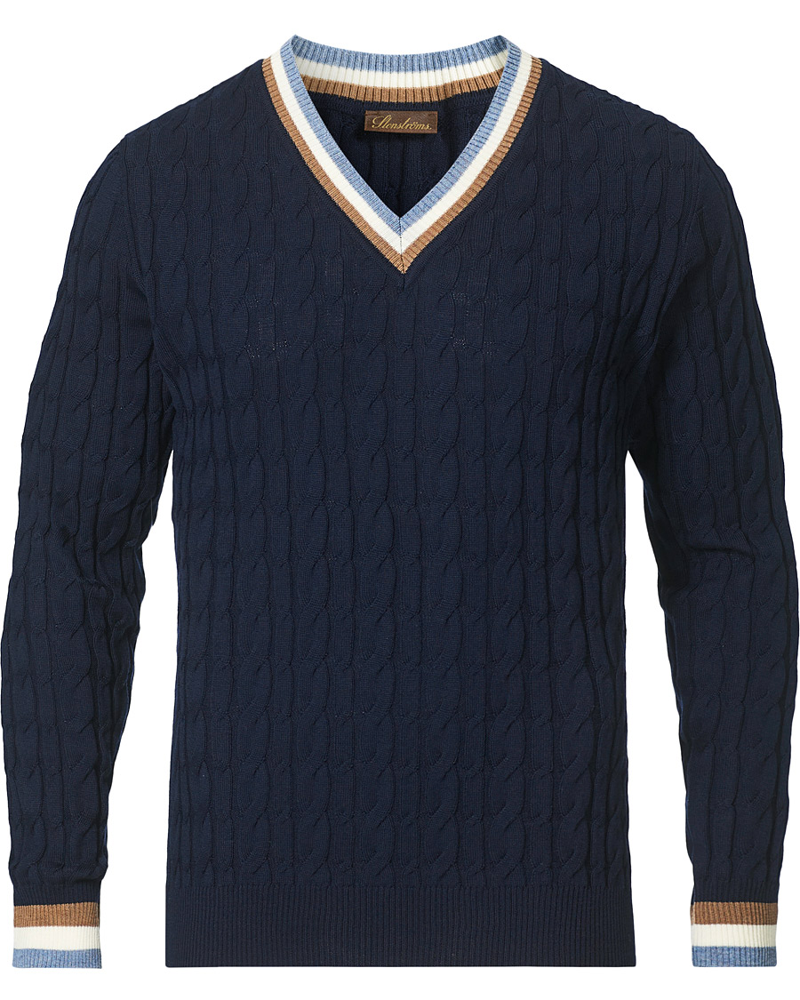 Men | Sweaters & Knitwear | Stenströms | Contast Merino Cable V-Neck Navy